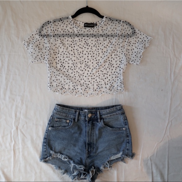 PLT White Polkadot Hem Mesh Crop Top - Picture 4 of 6